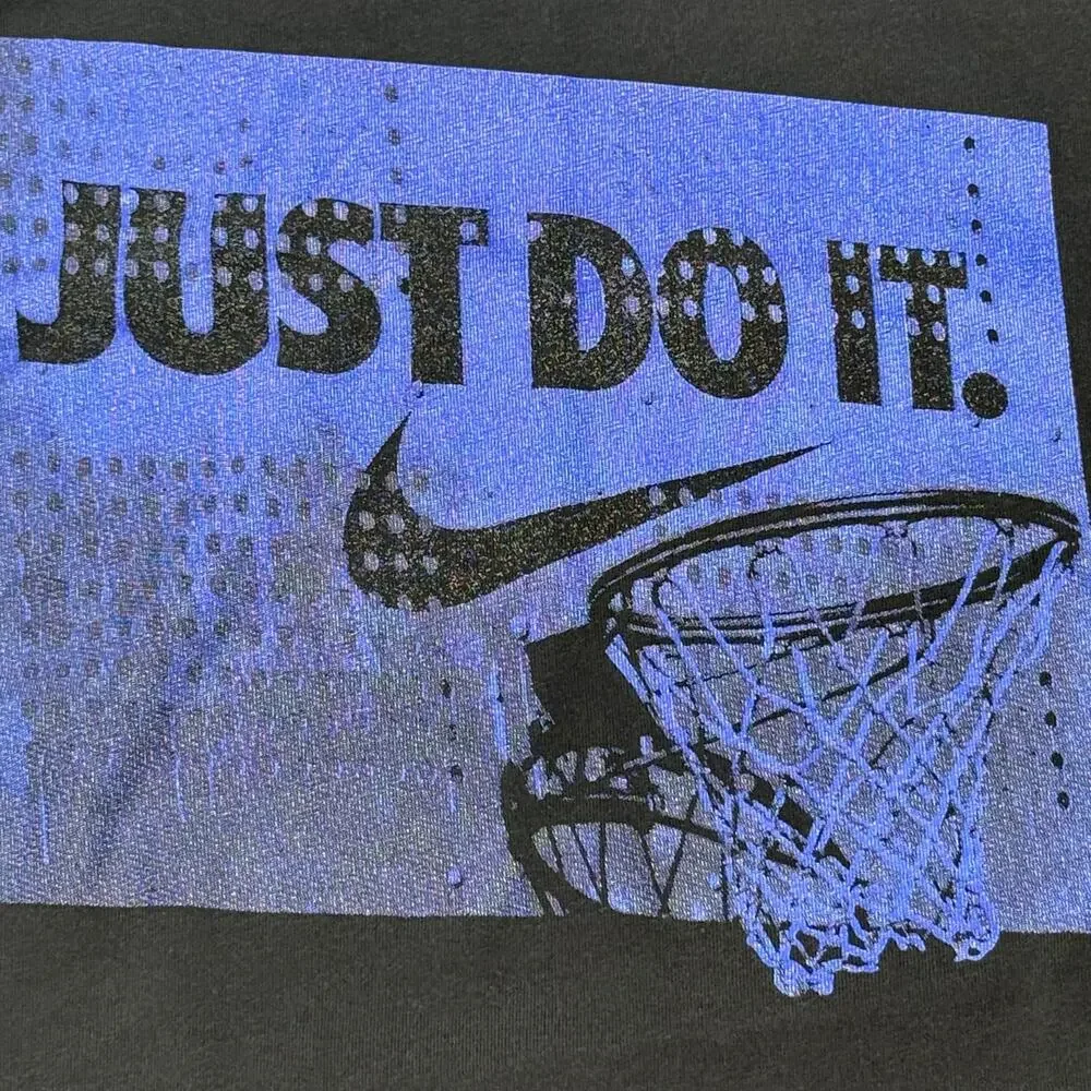 Nike Men’s Small Basketball T-Shirt Black “Just Do It” Purple Basketball Hoop